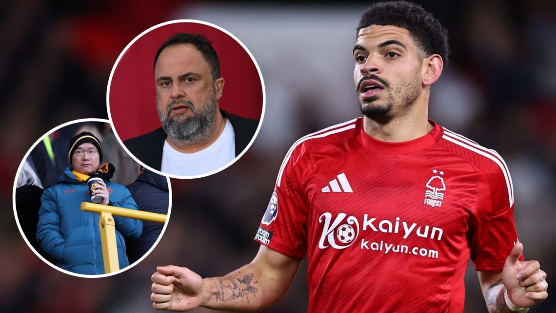 An image of Morgan Gibbs-White with insets of Evangelos Marinakis and Fosun (circled).