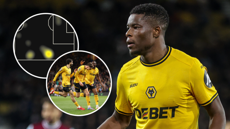 An image of Marshall Munetsi (right) and his heatmap against West Ham (left, circled) with Rayan Ait-Nouri, Jorgen Strand Larsen and Toti Gomes (le...
