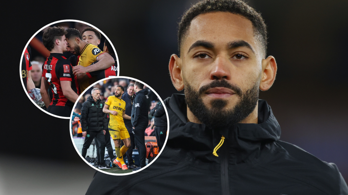 An image of Matheus Cunha (right) with two insets, one showing him clashing with Bournemouth's Milos Kerkez (right) and him being led away from the...