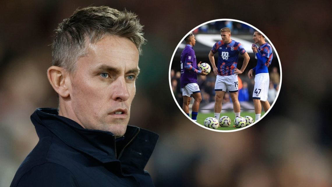 An image of Kieran McKenna with an inset of three Ipswich players (circled).