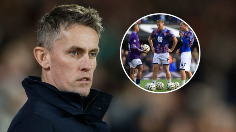 An image of Kieran McKenna with an inset of three Ipswich players (circled).
