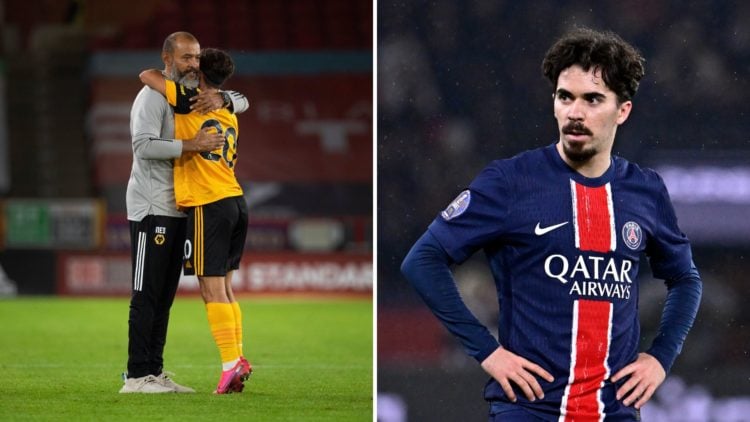 Split image: Wolverhampton Wanderers manager Nuno Espírito Santo greets his player Vitor Ferreira after the Premier League match between Sheffield ...