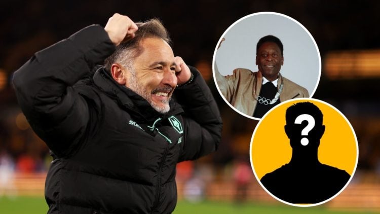 An image of Vitor Pereira with insets of Pele and a mystery player (circled).