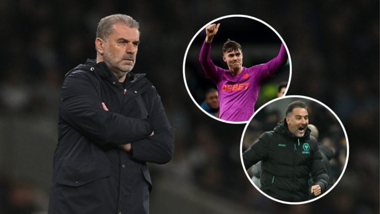 An image of Ange Postecoglou with insets of Vitor Pereira and Jorgen Strand Larsen (circled).