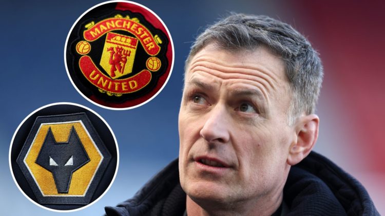 Main: Chris Sutton looks on prior to the Viaplay Cup Final between Rangers and Celtic. Inset: detailed view of the Manchester United club badge and...