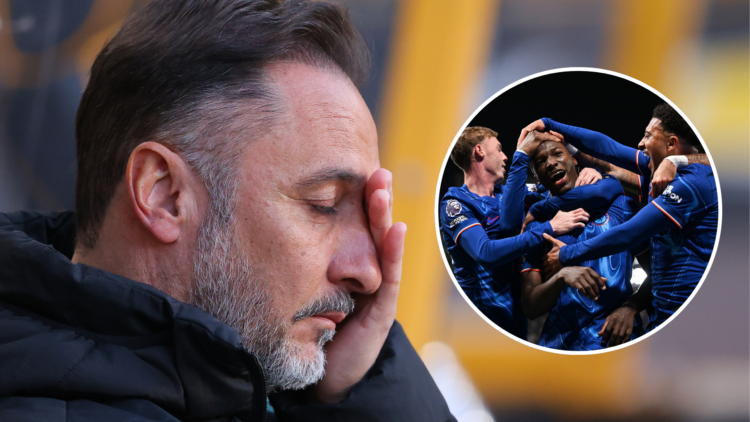 An image of Vitor Pereira (left) with Cole Palmer Nicolas Jackson and Jadon Sancho (right, circled).