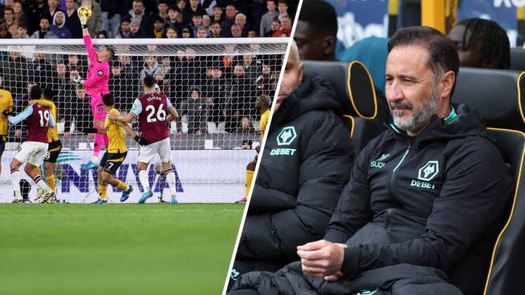 Wolves players against West Ham United (left), Vitor Pereira sitting in the Wolves dugout (right)