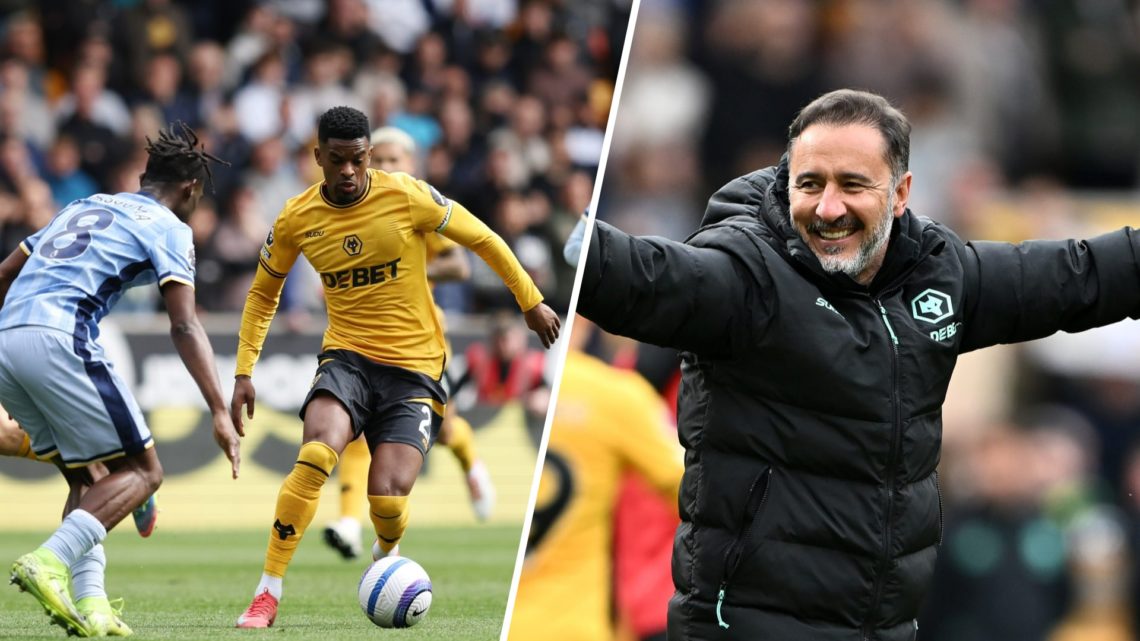 Nelson Semedo dribbles at Tottenham players (left), Vitor Pereira celebrates at Molineux