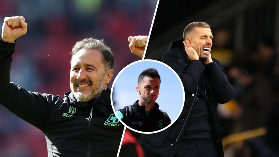Vitor Pereira celebrates (left), Gary O'Neil reacts (right), Pablo Sarabia (inset)