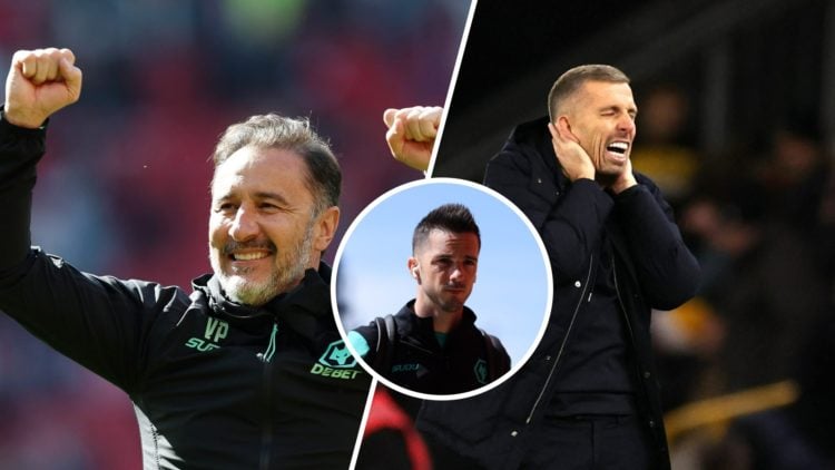 Vitor Pereira celebrates (left), Gary O'Neil reacts (right), Pablo Sarabia (inset)
