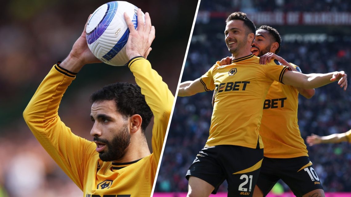 Rayan Ait-Nouri of Wolves against Manchester United (L), Pablo Sarabia celebrates scoring for Wolves against Manchester United (R)