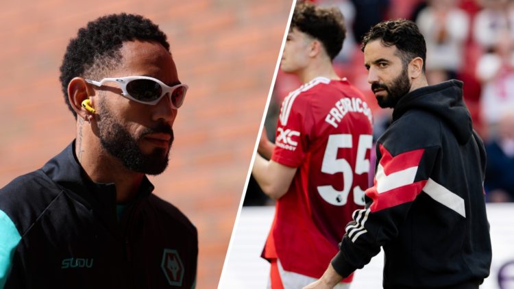 Matheus Cunha of Wolves arrives at Old Trafford (L), Ruben Amorim after Manchester United's defeat to Wolves (R).