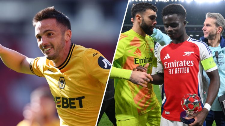 A split image of Pablo Sarabia and David Raya