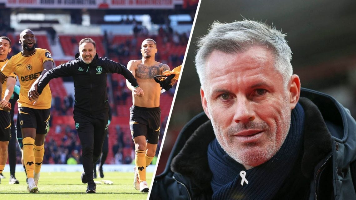 Vitor Pereira and Wolves players celebrate (left), Sky Sports pundit Jamie Carragher looks on (right)
