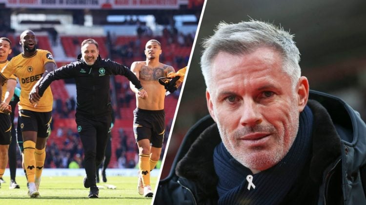 Vitor Pereira and Wolves players celebrate (left), Sky Sports pundit Jamie Carragher looks on (right)