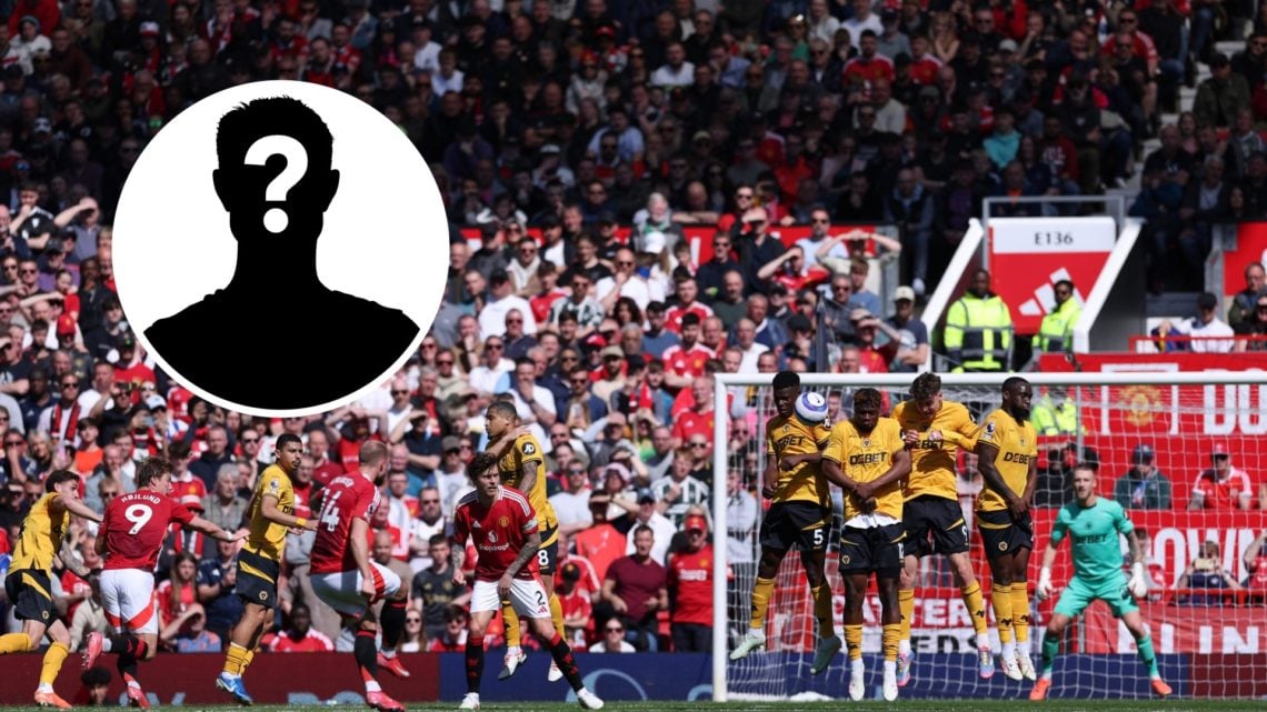 Wolves defend a free kick against Manchester United at Old Trafford with mystery icon inset.