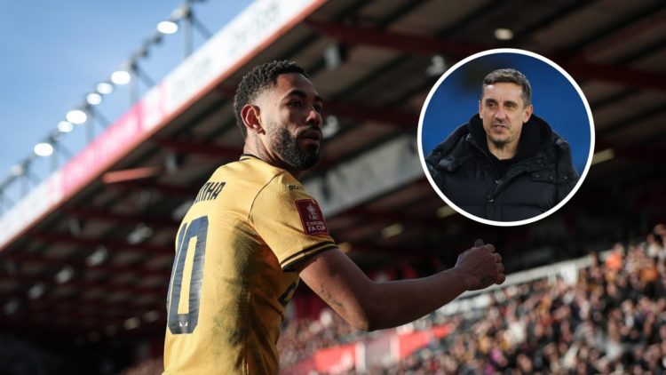 Matheus Cunha playing for Wolves (left), pundit Gary Neville (inset)