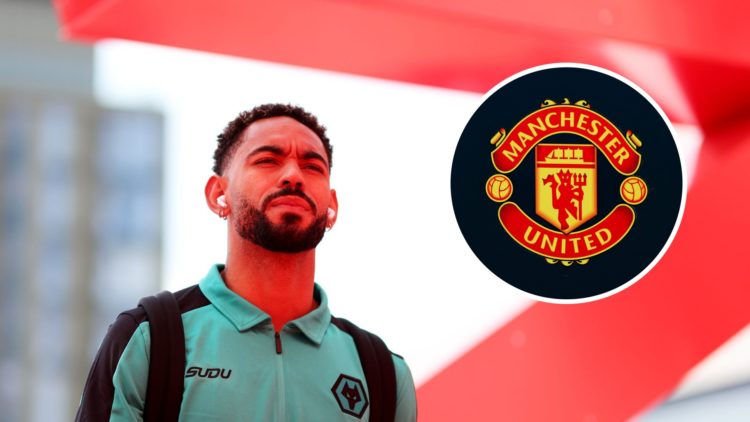 Matheus Cunha in Wolves training gear (left), Manchester United badge (inset)