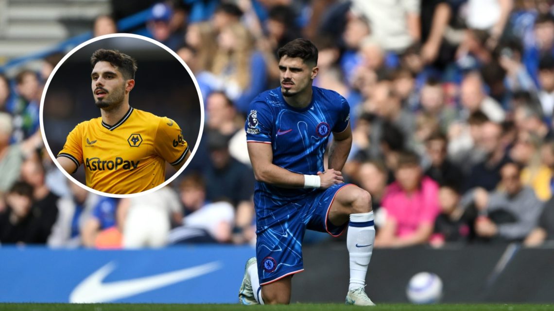 Pedro Neto taking the knee for Chelsea (central), Pedro Neto in action for Wolves (inset)