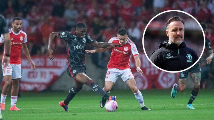 Evertton Araujo of Flamengo jostles for possession, Wolves manager Vitor Pereira (inset)