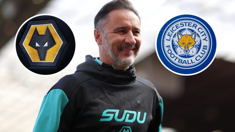 An image of Vitor Pereira with insets of Wolves and the Leicester City badges