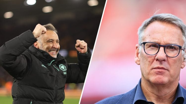 Pundit Paul Merson looks on (left), Wolves manager Vitor Pereira celebrates (right)