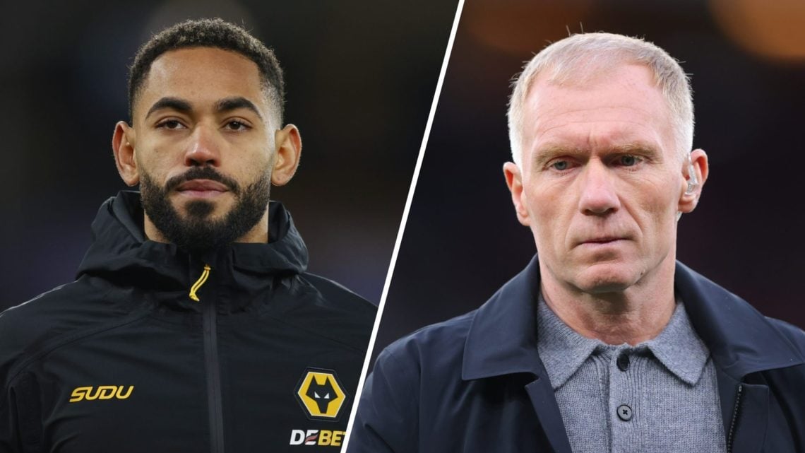Matheus Cunha warming up for Wolves (left), former Manchester United midfielder Paul Scholes on punditry duty (right)