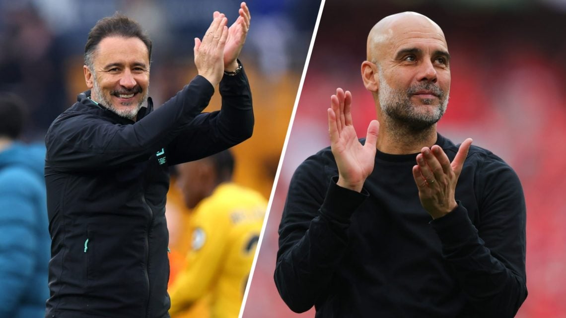 Wolves manager Vitor Pereira applauds (left), Manchester City manager Pep Guardiola applauds (right)