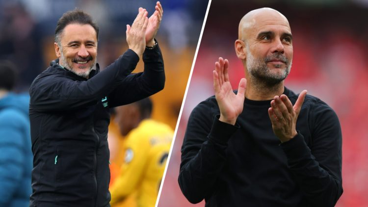 Wolves manager Vitor Pereira applauds (left), Manchester City manager Pep Guardiola applauds (right)
