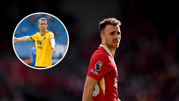 Diogo Jota playing for Liverpool (central), Diogo Jota playing for Wolves (inset)