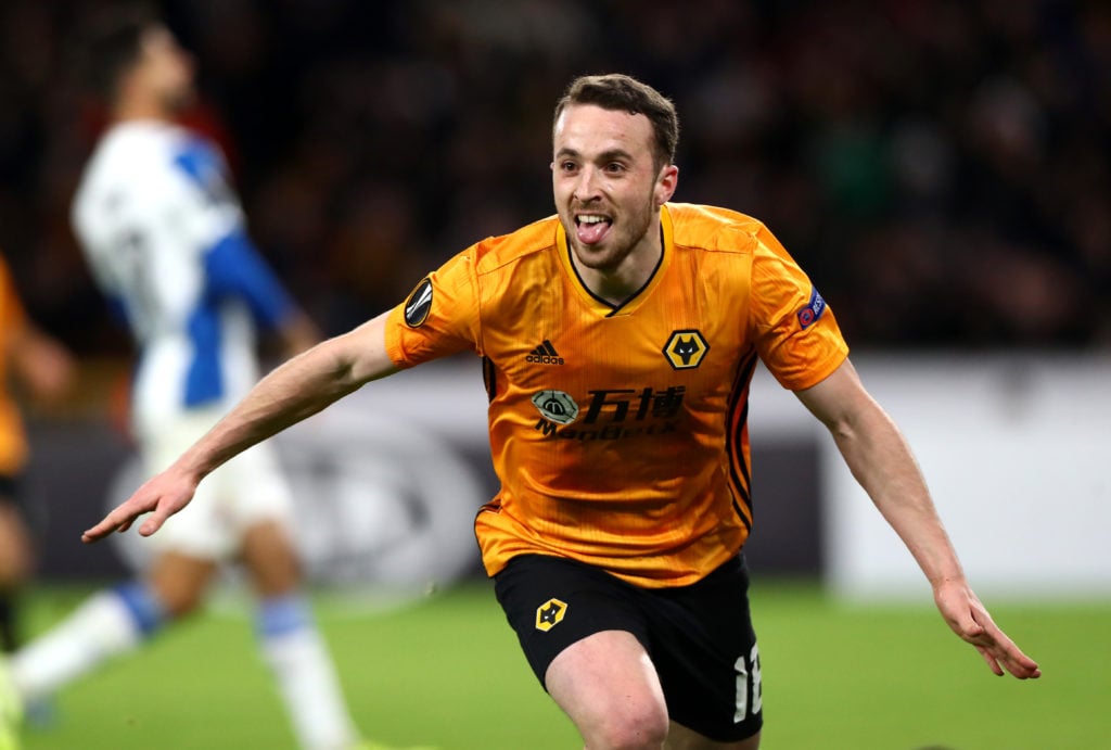 Diogo Jota scoring for Wolves against Espanyol.