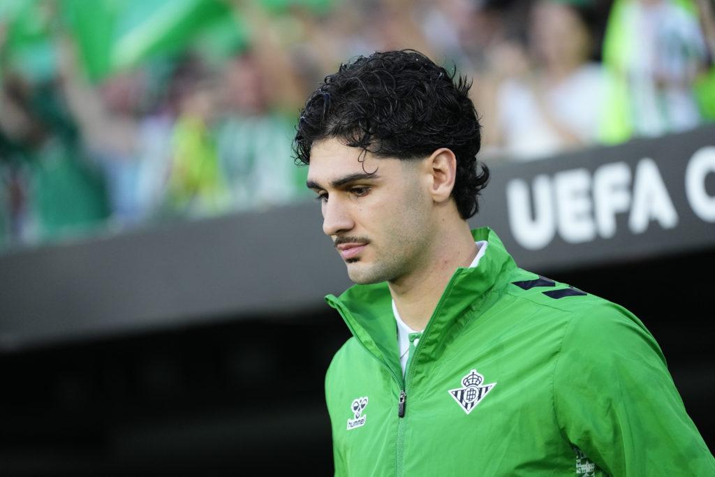 Johnny Cardoso looks on during Real Betis Balompie v ACF Fiorentina - UEFA Conference League 2024/25 Semi Final First Leg