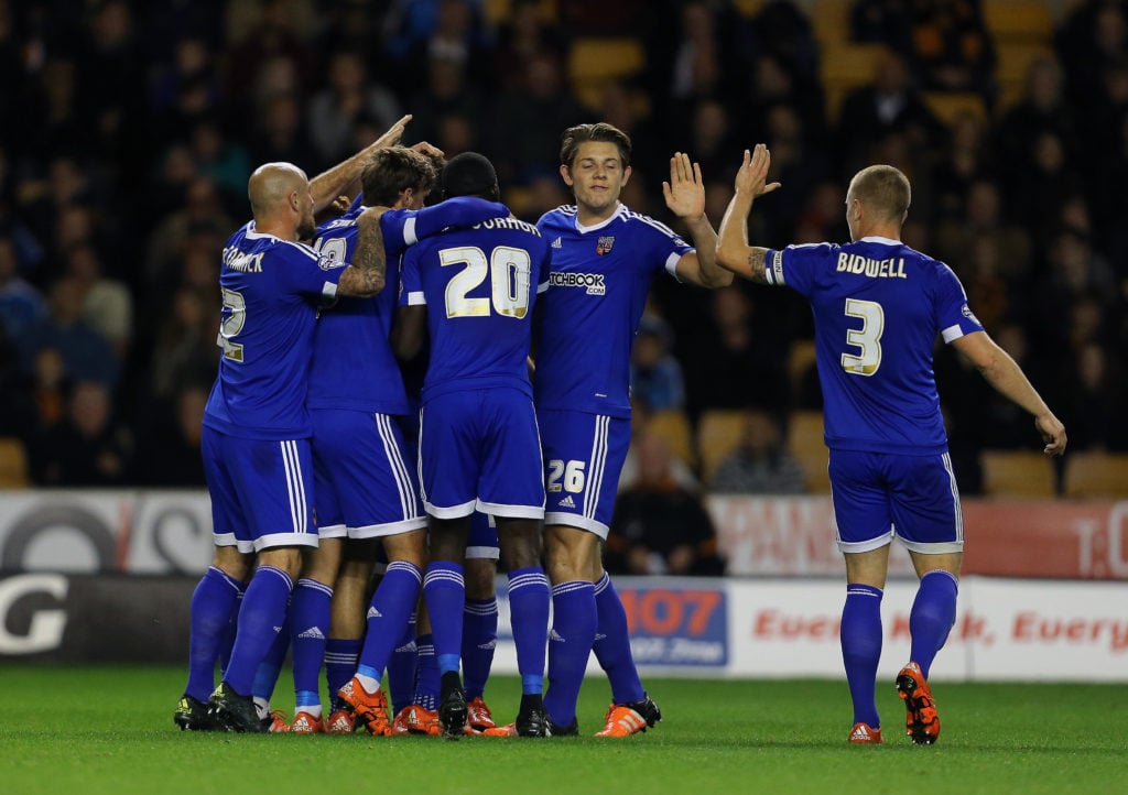 Marco Djuricin of Brentford celebrates with his team-mates after scoring a goal to make it 0-1 during the Sky Bet Championship match against Wolverhampton Wanderers.