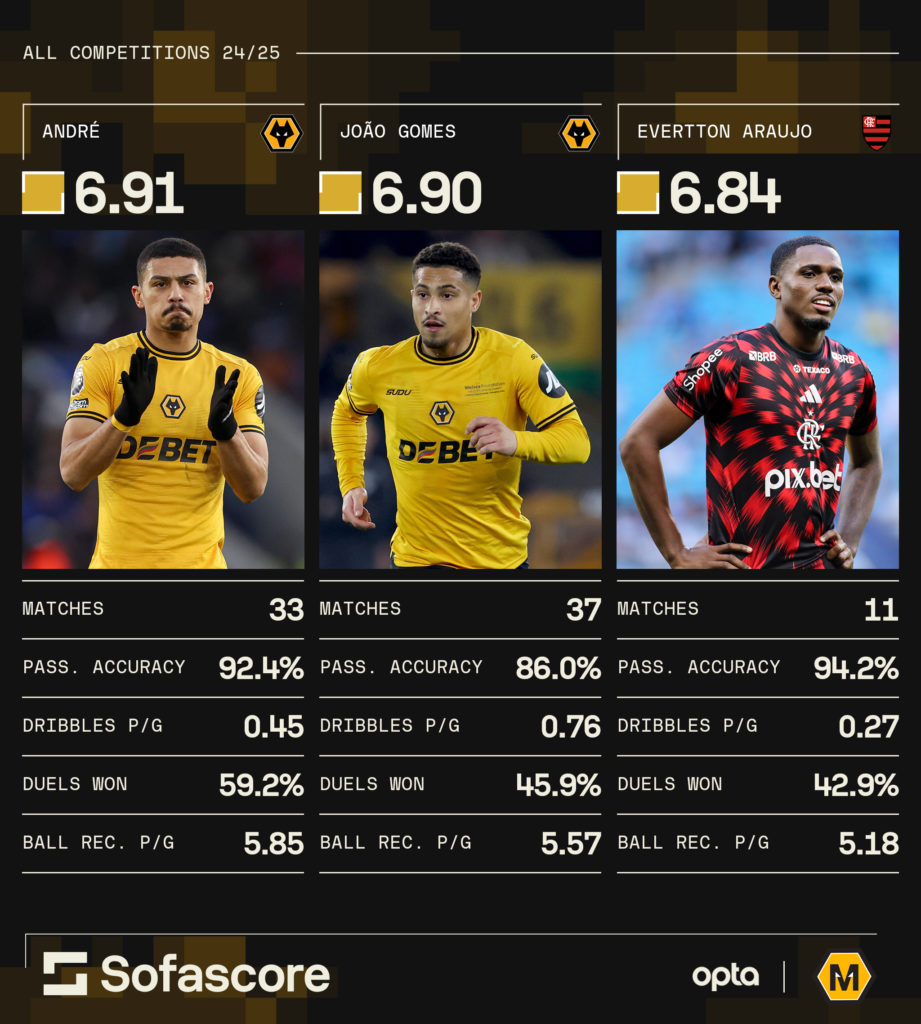 A graphic to show how Wolves target Evertton compares to Joao Gomes and Andre.