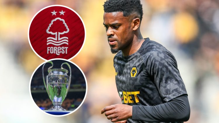 An image of Nelson Semedo with insets of the Nottingham Forest badge and Champions League
