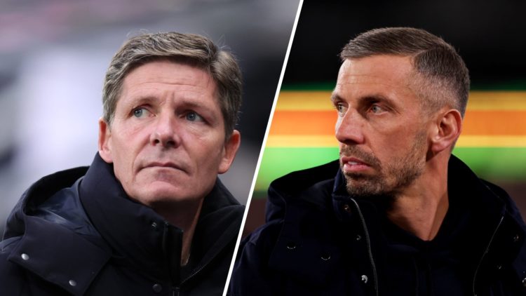 Split image of (L) Oliver Glasner prior to the Premier League match between Newcastle United and Crystal Palace and (R) Gary O'Neil, former head co...