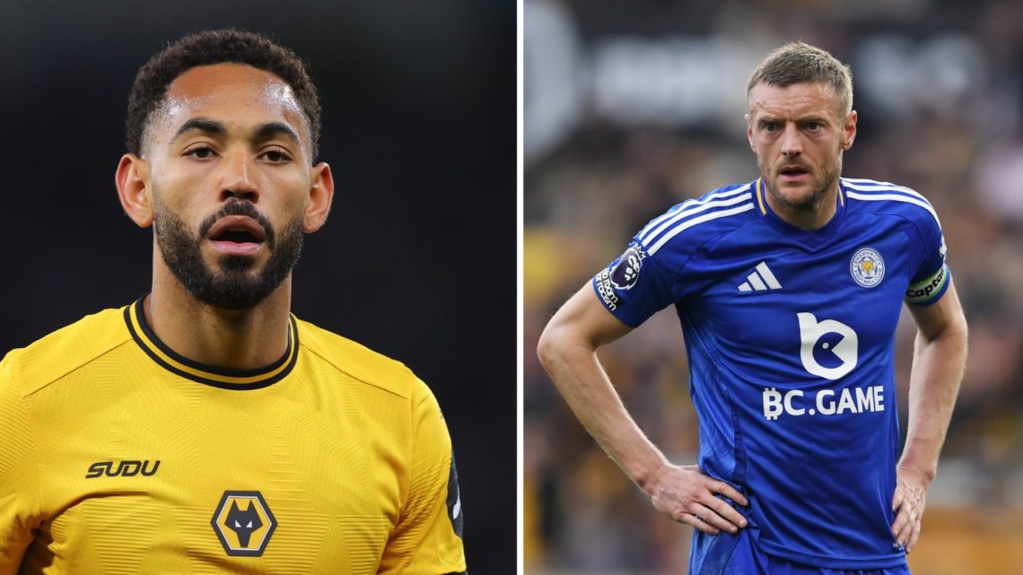 Matheus Cunha of Wolverhampton Wanderers looks on (left), Jamie Vardy of Leicester City with his hands on his hips (right)