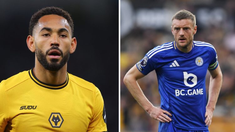 Matheus Cunha of Wolverhampton Wanderers looks on (left), Jamie Vardy of Leicester City with his hands on his hips (right)