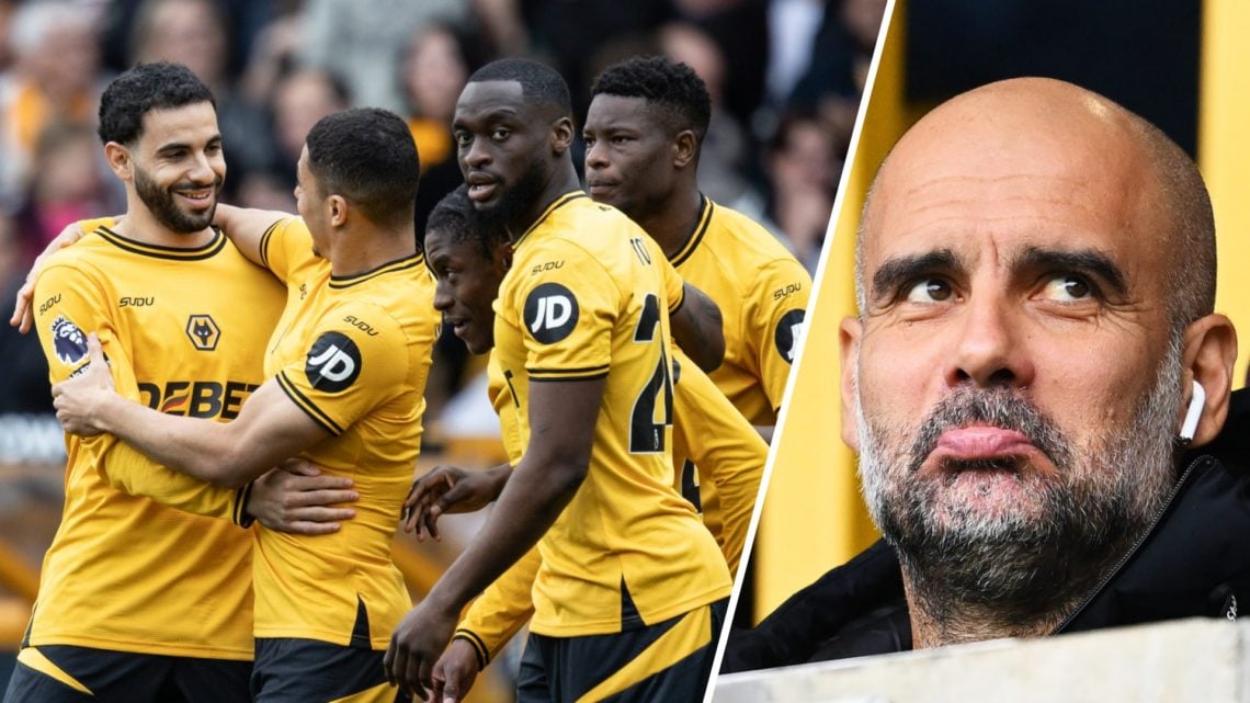 Wolves players including Rayan Ait-Nouri celebrate (left), Manchester City manager pep Guardiola (right)