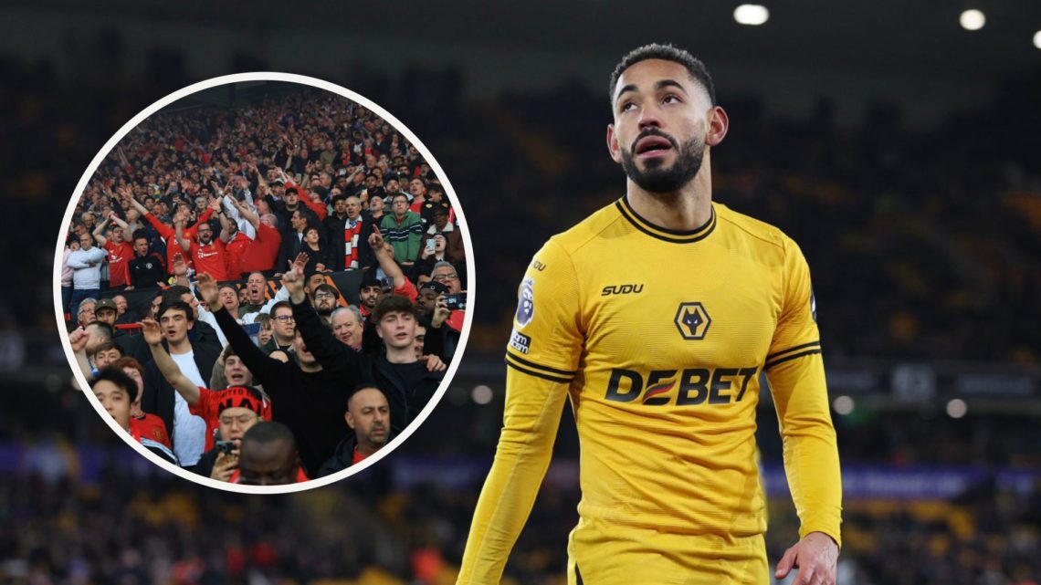Matheus Cunha playing for Wolves (left) and Old Trafford home of Manchester United (right)