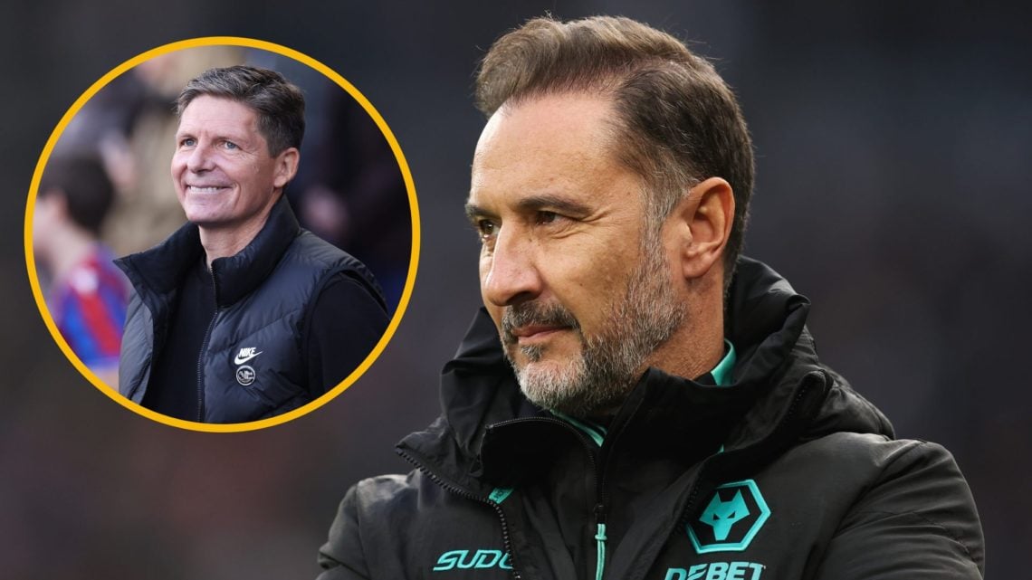 Vitor Pereira watches on while managing Wolves (right) and Oliver Glasner smiles at Selhurst Park (left)
