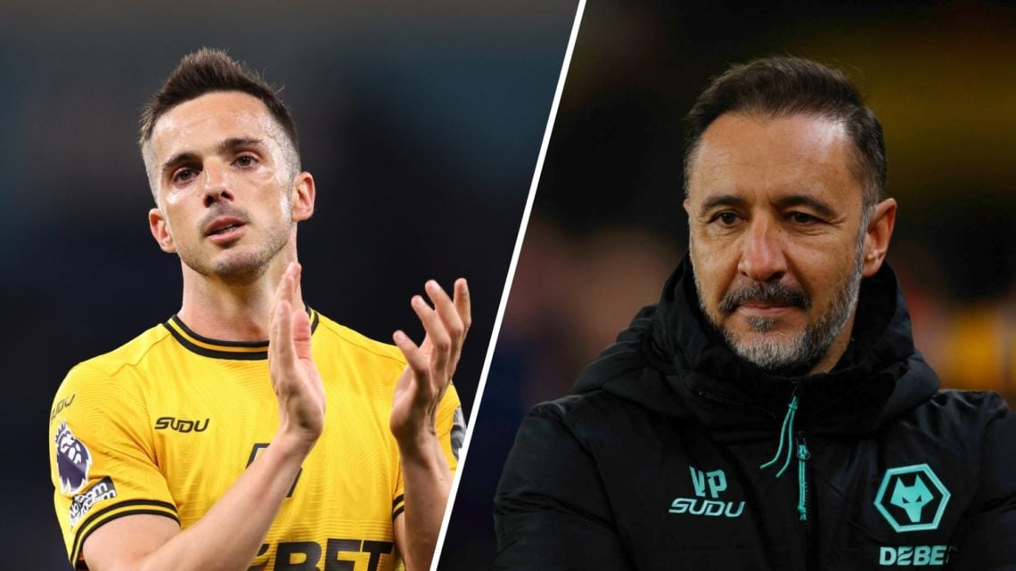 Wolves winger Pablo Sarabia applauds (left), Wolves manager Vitor Pereira looks on (right)