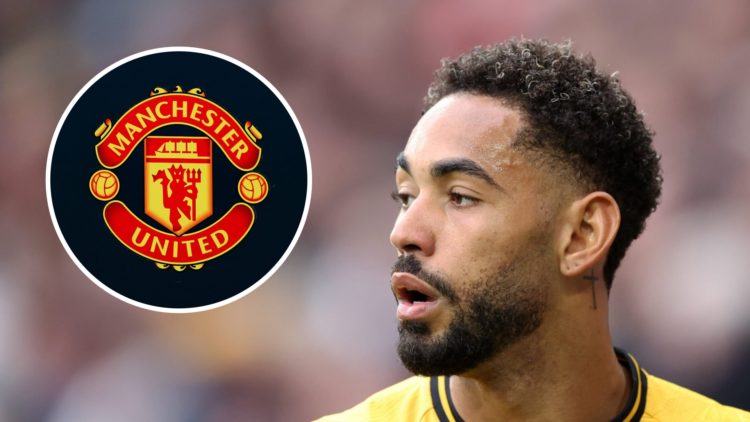 Matheus Cunha playing for Wolves (right), Manchester United badge (inset)