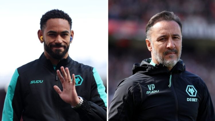 Matheus Cunha in Wolves tracksuit (left), Wolves manager Vitor Pereira at Old Trafford (right)