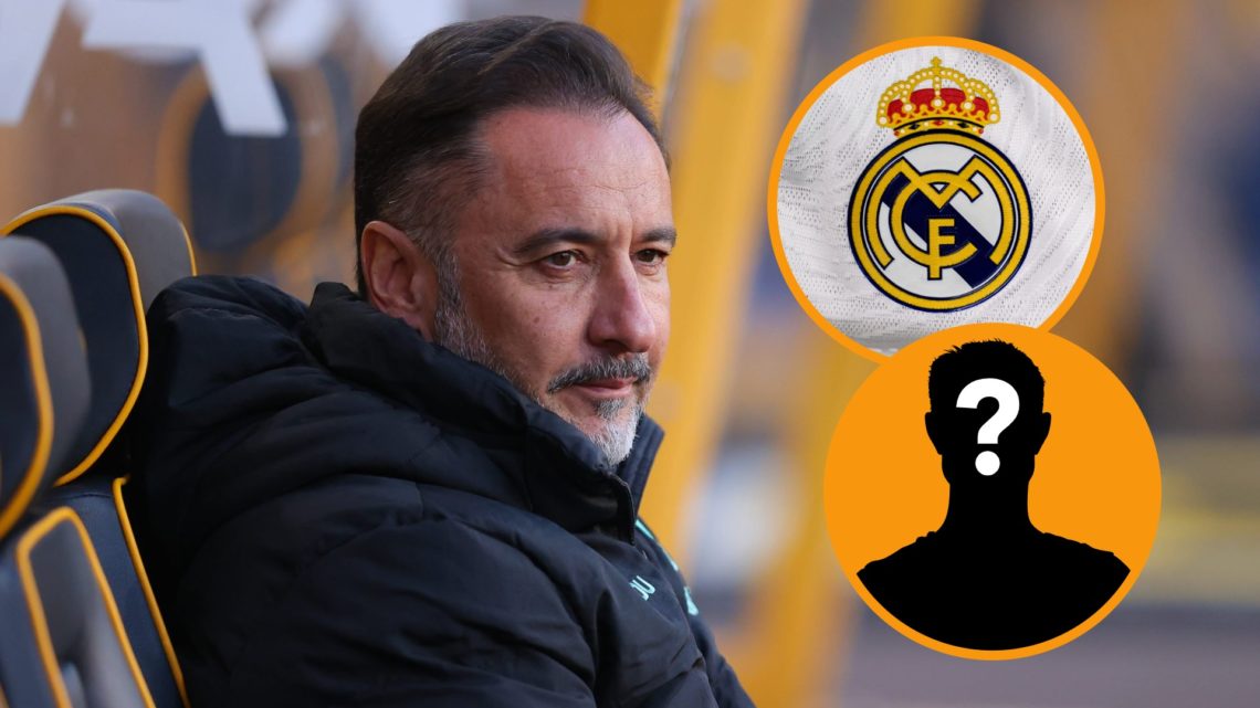 Vitor Pereira watches on from Wolves bench (left) and Real Madrid shirt badge (right)