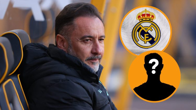 Vitor Pereira watches on from Wolves bench (left) and Real Madrid shirt badge (right)