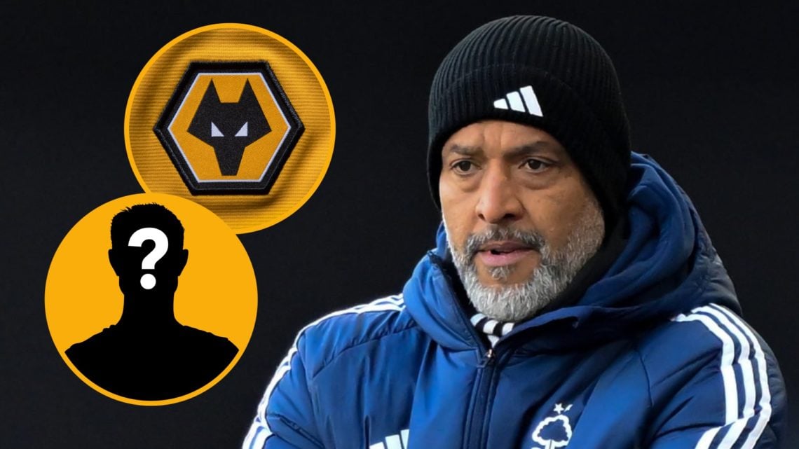 Nuno Espirito Santo watches Nottingham Forest from the sideline (right), Wolves shirt badge (left)