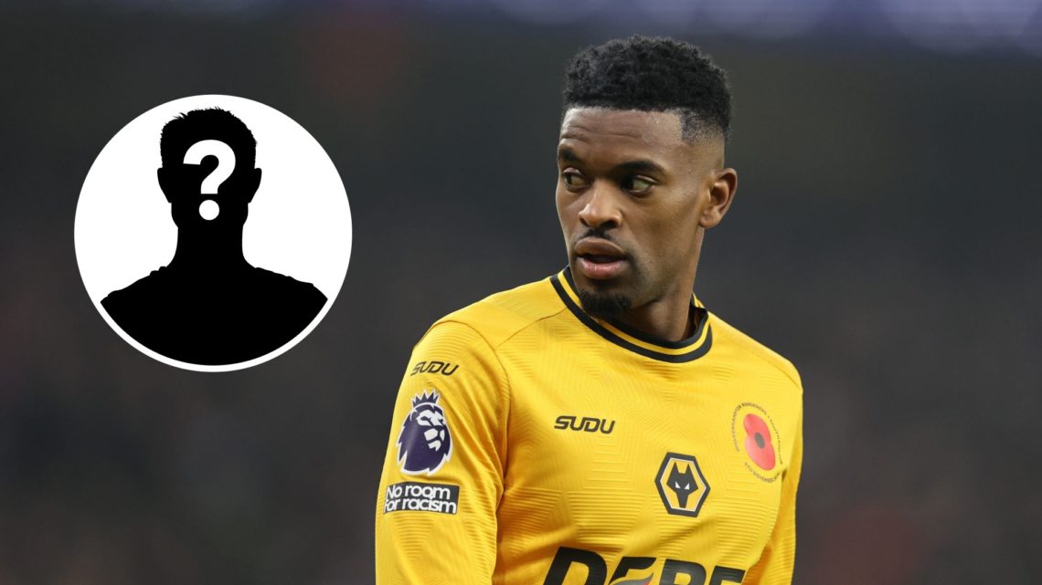 Nelson Semedo during the Premier League match between Wolves and Southampton with a mystery icon inset.