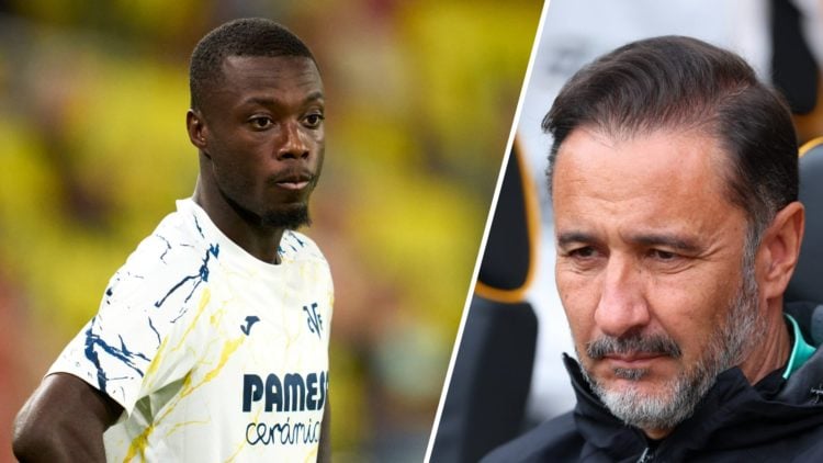 Villarreal winger Nicolas Pepe warms up (left), Wolves manager Vitor Pereira looks on (right)