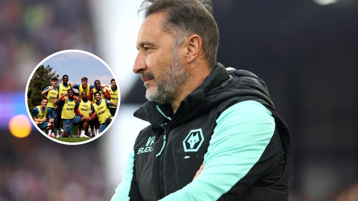 An image of Wolves boss Vitor Pereira with an inset of Wolves players in a group